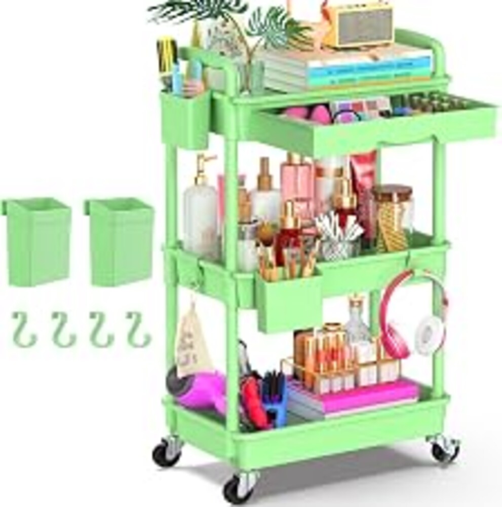 Goovilla 3 Tier Rolling Utility Cart Organizer with Removable Drawer, Green | Stable and Sturdy Rolling Storage Carts with 2 Lockable Wheels for Bathroom, Kitchen, Snack, Craft, Makeup, Baby Essentials