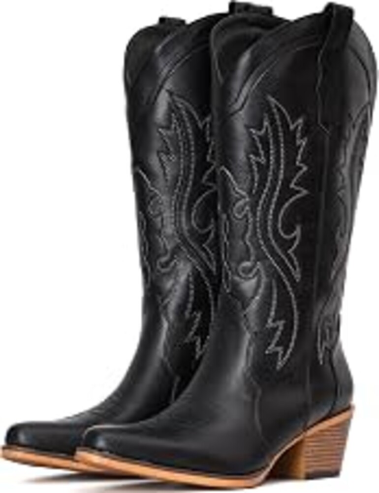 IUV Cowboy Boots For Women Western Cowgirl Boots Mid Calf Snip Toe | Chunky Heel Ideal for low insteps