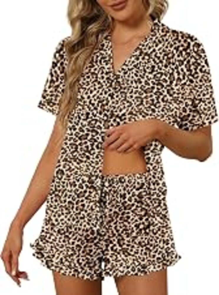 Ekouaer Pajamas Set for Women Short Sleeve Sleepwear Button Down Ruffle Pjs | Soft Pjs Shorts Set, Notch Collar, Lounge Sets for Sleep, Lounge, Wedding, Bridal Party