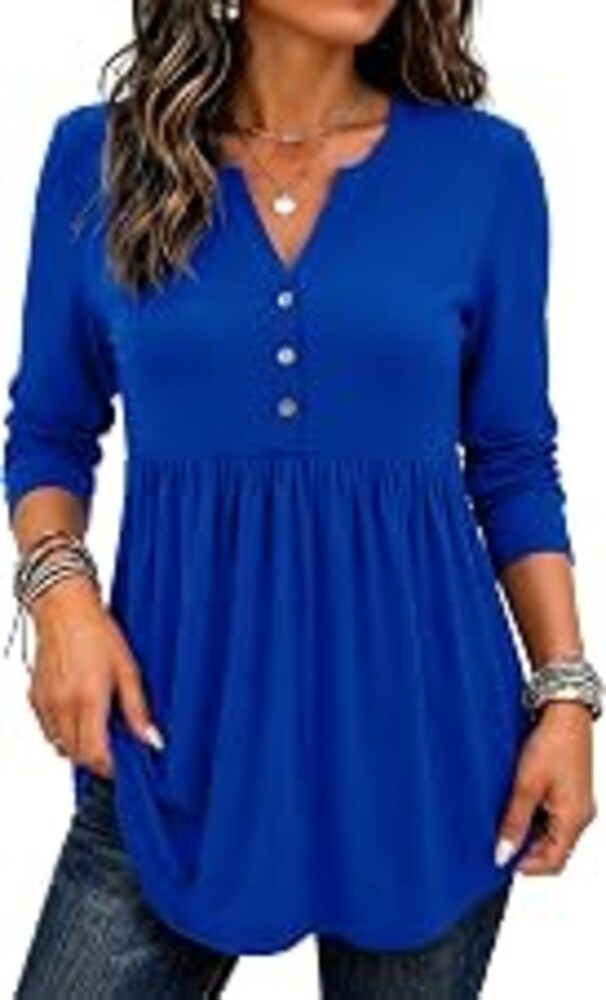Zeagoo Women Blouses Long Sleeve Top Boho Henley Vneck Pleated Fall Tunic | Business Casual,Pleated Fashion Clothing,Dressy Trendy Shirt,Fall Western Outfit,Long Sleeve,Button Henley Vneck,Flowy Pleats