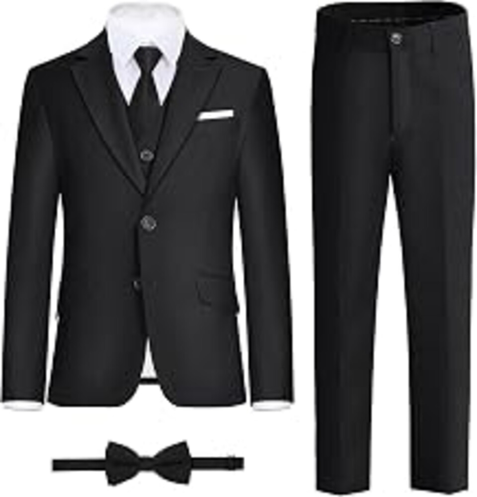 Marvelous World Boys' Formal Slim Fit Suit Set, Adjustable Waist | Kids Tuxedo Suit with Jacket, Vest, Pants, Shirt, Tie, Pocket Square & Bow Tie for Wedding, Daily Wear & Graduation