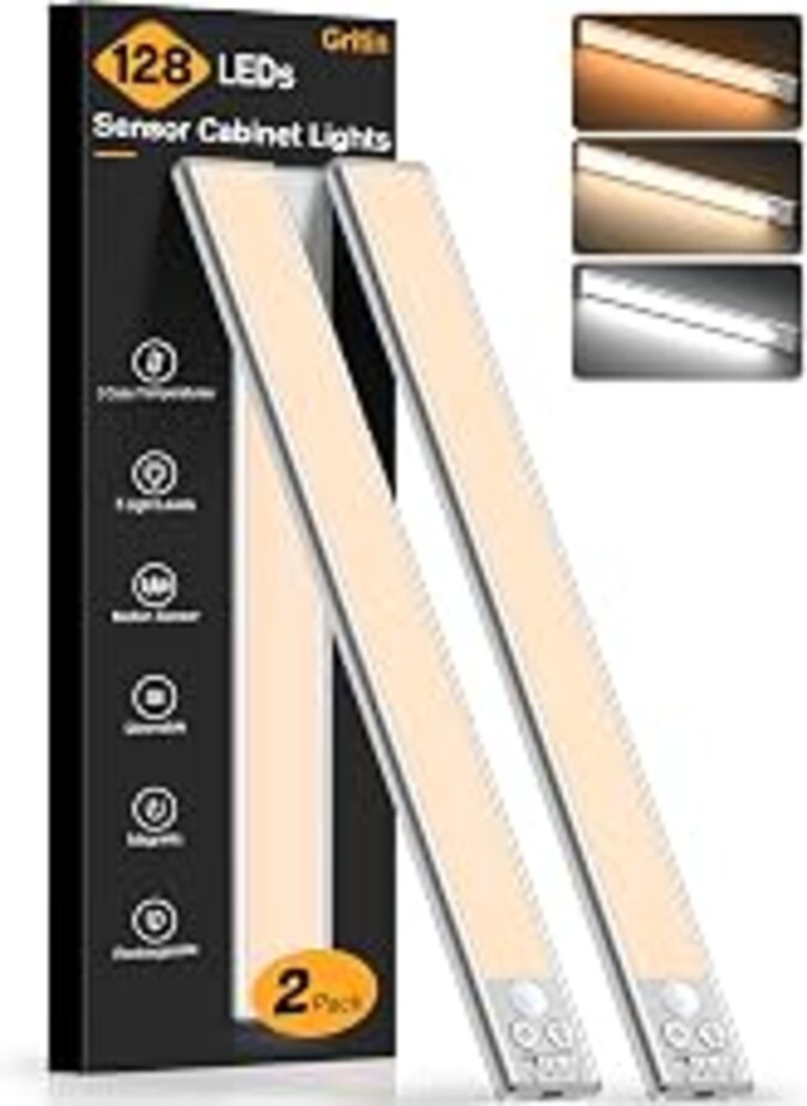 Gritin 14.7inch Under Cabinet Lighting Rechargeable 2 Pack | 3 Color Temps & 5 Brightness,Super Bright,4 Modes,Motion Sensor,Long Lasting - Easy Installation Under Closet Lights-Silver