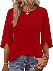 OFEEFAN 3/4 Length Sleeve Womens Tops Crew Neck Petal Sleeve Fall Tops Womens Blouses Dressy Casual