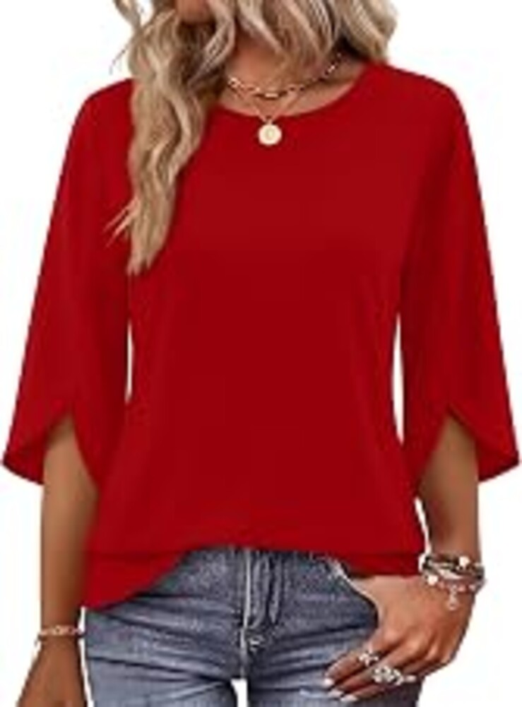 OFEEFAN 3/4 Length Sleeve Womens Tops Crew Neck Petal Sleeve Fall Tops Womens Blouses Dressy Casual