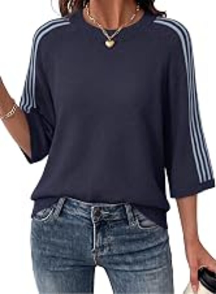 Dokotoo Oversized Cropped 3/4 Sleeve Sweaters for Women Knit Fall Tops 2026 | Cute Tops, Soft Casual Sweater, Round Neck Color Block Striped Sleeve Pullover, Fall Winter Fashion, Vacation Outfits