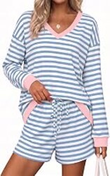 Ekouaer Womens Lounge Sets 2 Piece Long Sleeve Casual Striped Matching Set | 2026 Women Matching Outfit, Soft Lightweight, V Neck Top, Side Pockets, Adjustable Strap, Versatile For Every Occasion