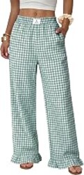 ANRABESS Womens Gingham Striped Ruffle Hem Pants | Wide Leg Elastic Waisted With Pockets, Vacation Beach Lounge Pajama Plaid Trouser, Cute Casual Boxer Pants, All Seasons Wear