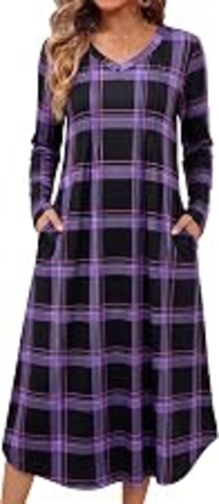 Ekouaer Women's Long Sleeve Nightgown Long Sleepshirt Pleated Sleep Dress | V Neck Night Gown with Pockets, A-line Loose Night Dress, Curved Hem Sleepshirt, Gardening Moomoo House Dress, Vacation Dress