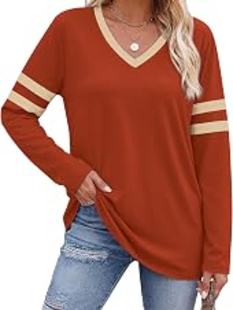 OFEEFAN Womens Tops Long Sleeve Shirts Fall Outfits V Neck Loose Fit Tunics | Oversized Tshirts, Women Fall Clothes, Fall Fashion Must Haves, Color Block, Business Casual Outfits, Women Clothing, Boho