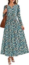 OFEEFAN 2026 Womens Fall Boho Floral Long Sleeve Maxi Dresses with Pockets | Smocked Waist, Notch V Neck, Flowy, A Line, Elegant, Comfy Soft, Casual Daily Work Wedding Guest Church Beach, Fall Outfits