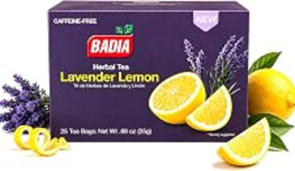 Badia Lavender & Lemon Tea – Herbal Tea with Floral Lavender & Citrus Lemon Supporting Stress Relief and Relaxation, Hot or Iced Teas, Kosher, Caffeine-Free, 25 Tea Bags