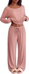 Ekouaer Womens Pajama Sets Lounge Set 2 Piece Long Sleeve PJs | Soft Comfy Pj Sets, Round-Neck or Off-the-Shoulder Design, 2026 Stylish Casual Outfits for Home, Travel, Vacation & Airport