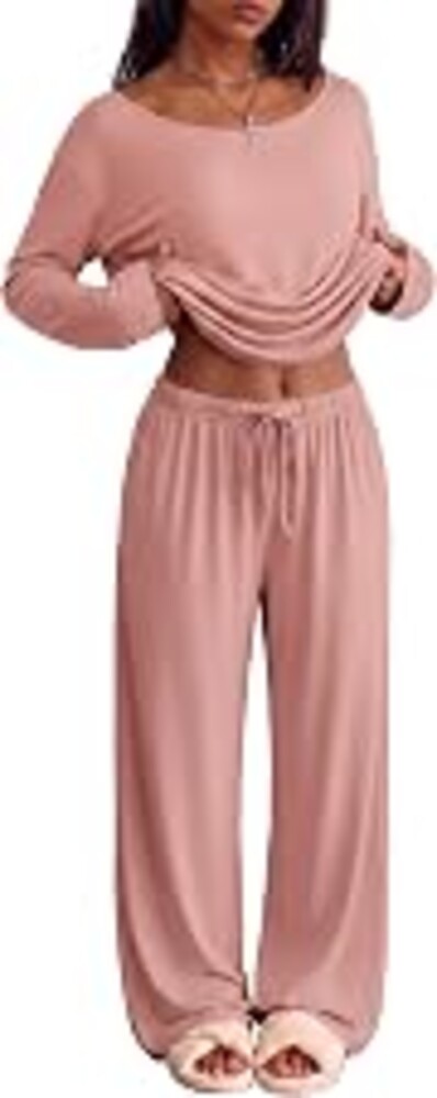 Ekouaer Womens Pajama Sets Lounge Set 2 Piece Long Sleeve PJs | Soft Comfy Pj Sets, Round-Neck or Off-the-Shoulder Design, 2026 Stylish Casual Outfits for Home, Travel, Vacation & Airport