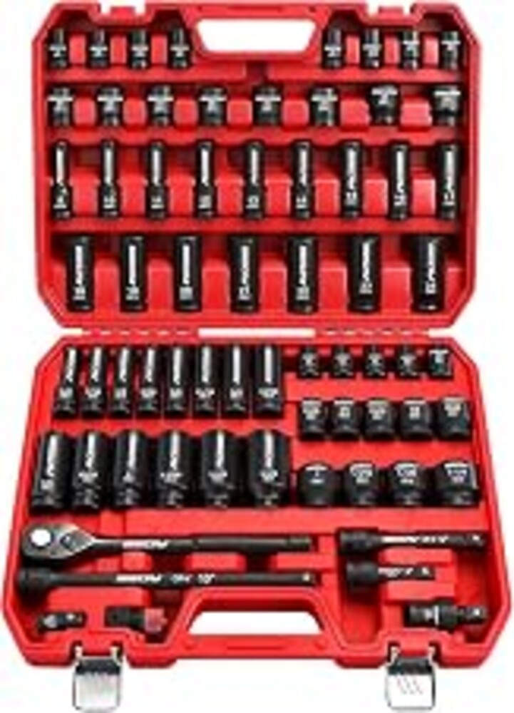 Master 1/2" Drive Impact Socket Set, 67-Piece Standard & Deep Master Impact Socket Set SAE 3/8"-1-1/4" & Metric 8-24mm Socket Set with Ratched Hand, Extension Bar, Reducer, Impact Universal Joint,Cr-V