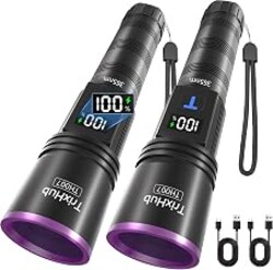 TrixHub 365nm Black Light UV Flashlight Rechargeable 2Pack with LCD Display | Powerful Ultraviolet Lights for Pet Urine Detection, Resin Curing, Rockhounding, Scorpion, Uranium Glass, A/CLeak