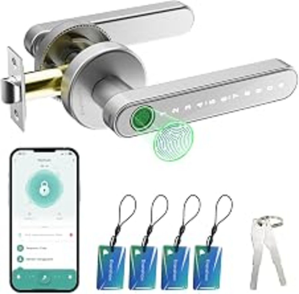 Evanshow Smart Door Lock with Knob, Keyless Entry Door Locks with Handle, Fingerprint Door Knob for Bedroom/Front Door/Apartment,Generate Passcode Remotely Silver