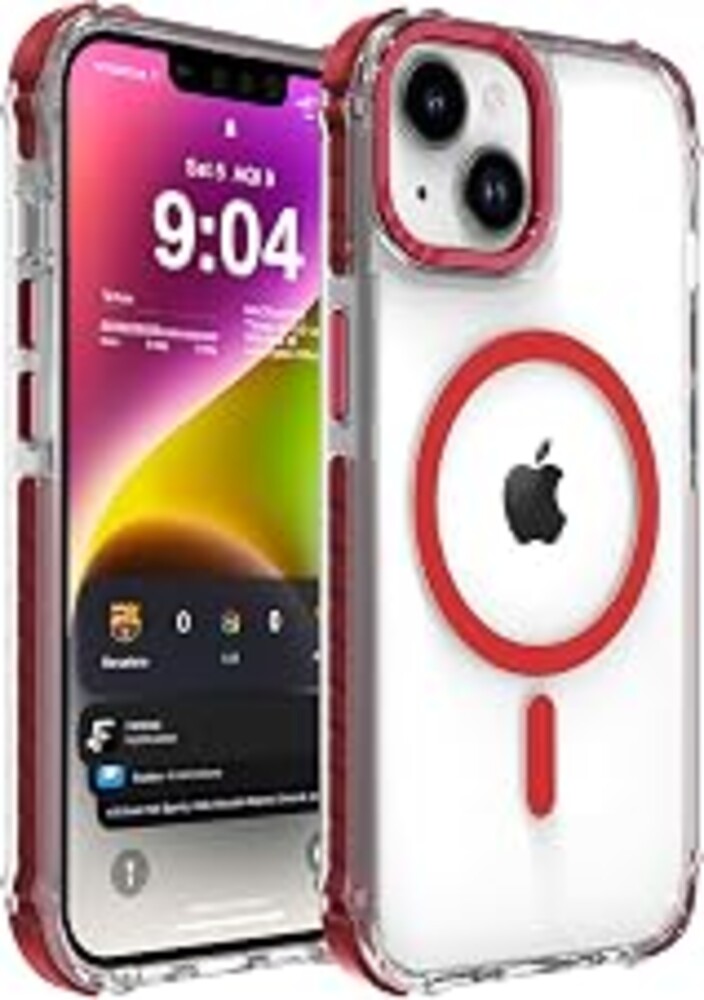 DEERLAMN Strong Magnetic Case for iPhone 13/iPhone 14 6.1-Inch, Clear Red | Compatible with Magsafe Military Grade Drop Protection Transparent Slim Fit Anti-slip Shockproof Protective Phone Cover