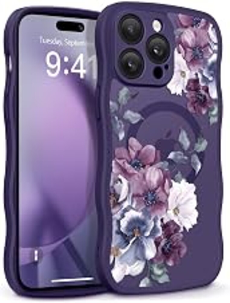 GVIEWIN for iPhone 14 Pro Case Compatible with MagSafe | Curly Wave Edge, Full Camera Protection, Floral Translucent, Women Phone Case for 14 Pro, Morning Glory/Deep Purple