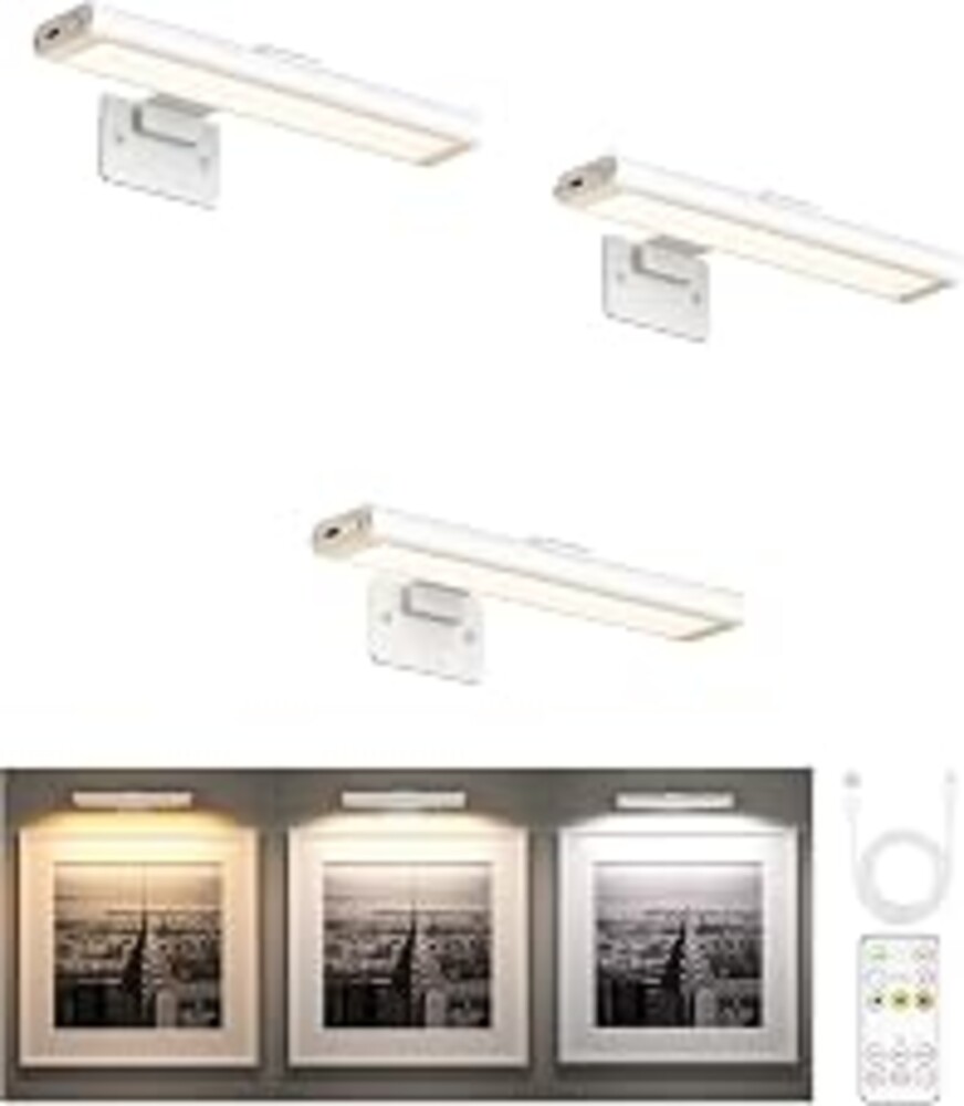 EZVALO Picture Light for Wall, Rechargeable 2400mAh Lights Wireless with IR Remote, 3 Color & Dimmable Magnetic 7.8'' LED Lights Display for Painting, Living Room, Gallery, Bedroom(White-3P)