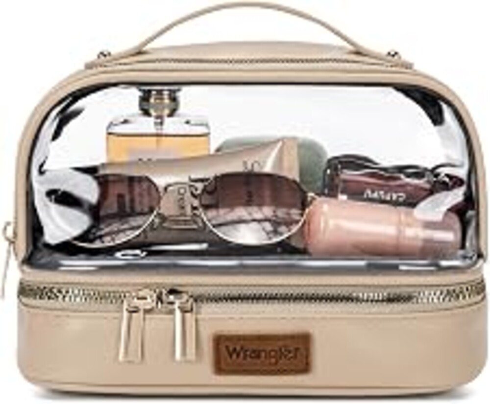 Wrangler Travel Makeup Bag Double Layer Clear Make Up Bag Organizer | Portable Cosmetic Bag with Brush Storage, Toiletry Bag with Wet and Dry Separation for Women