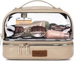 Wrangler Travel Makeup Bag Double Layer Clear Make Up Bag Organizer | Portable Cosmetic Bag with Brush Storage, Toiletry Bag with Wet and Dry Separation for Women