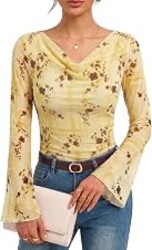 GRACE KARIN Women Boho Mesh Blouses Dressy Casual Cowl Neck Going Out Tops | Bell Long Sleeve Work Shirts, Y2K Floral Ruched Outfits, 2026 Fall Fashion Clothing