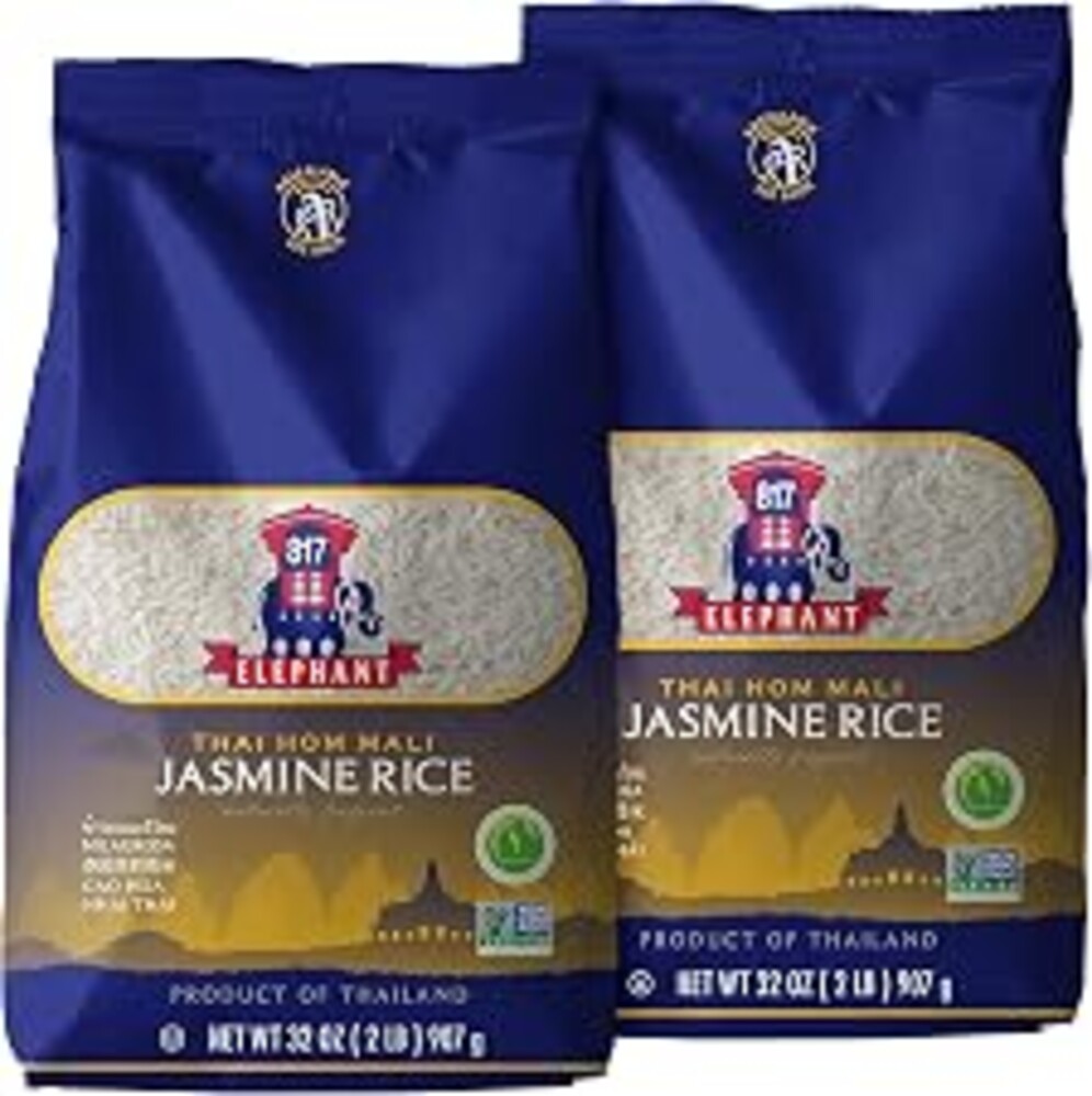 817 Elephant Thai Hom Mali Jasmine Rice - (2 Pack) 2 lb Bag | Authentic White Rice - Great for Thai Recipes, Curries & Pilafs - Cook in Microwave or on Stove Top