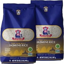 817 Elephant Thai Hom Mali Jasmine Rice - (2 Pack) 2 lb Bag | Authentic White Rice - Great for Thai Recipes, Curries & Pilafs - Cook in Microwave or on Stove Top
