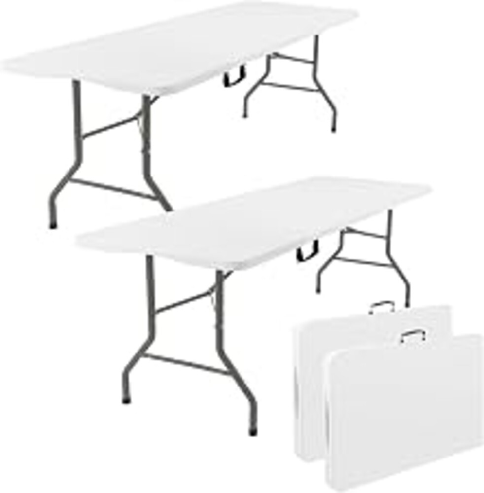 Fivenl 2 Pack 6 Feet Portable Folding Table White, Steel Legs Fold-in-Half with Carrying Handle Rectangular Plastic Foldable Table for Party, Wedding, Camping, Picnic, Dining, Indoor Outdoor Events