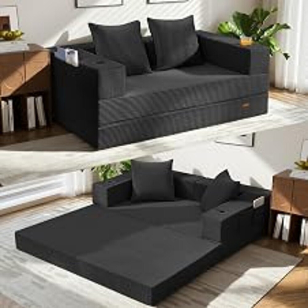 COMAX Boneless Futon Sofa Bed, 59" Small Low-Profile Floor Couch, Black | 11.8 in seat height, convertible loveseat, kids playroom couch, sleepover bed, dorm or bedroom sofa, folding floor bed
