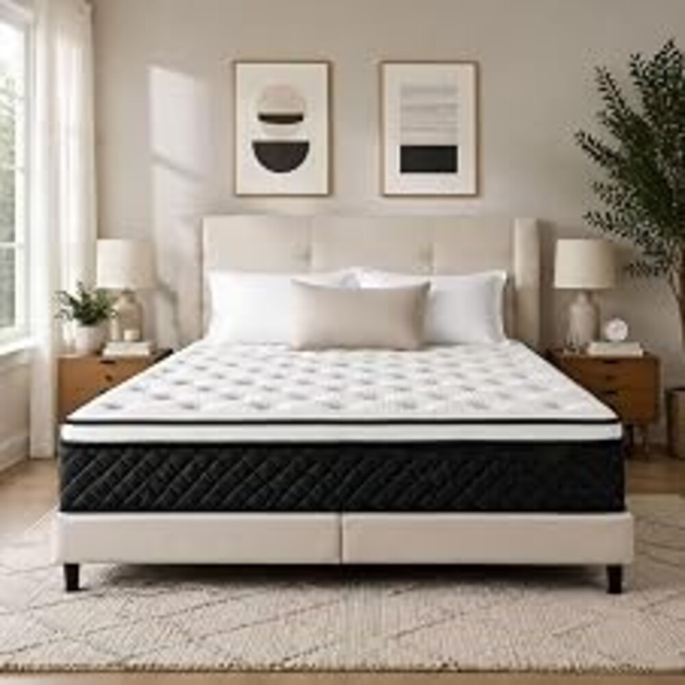 JELFUS Queen Mattress, 12 Inch Queen Size Mattress in a Box, Pocketed Coils | Medium Firm, Motion Isolation, Lumbar Support, Pressure Relief, Soft & Breathable Fabric