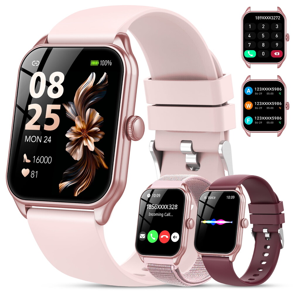 IKT Smart Watch Fits for Android and IPhone (3 Bands), Smartwatch for Women with AI Voice, 1.83" HD Fitness Tracker Watch, Bluetooth Calls/Messages, 120 Sports Mode, IP68 Waterproof, for Gift Pink