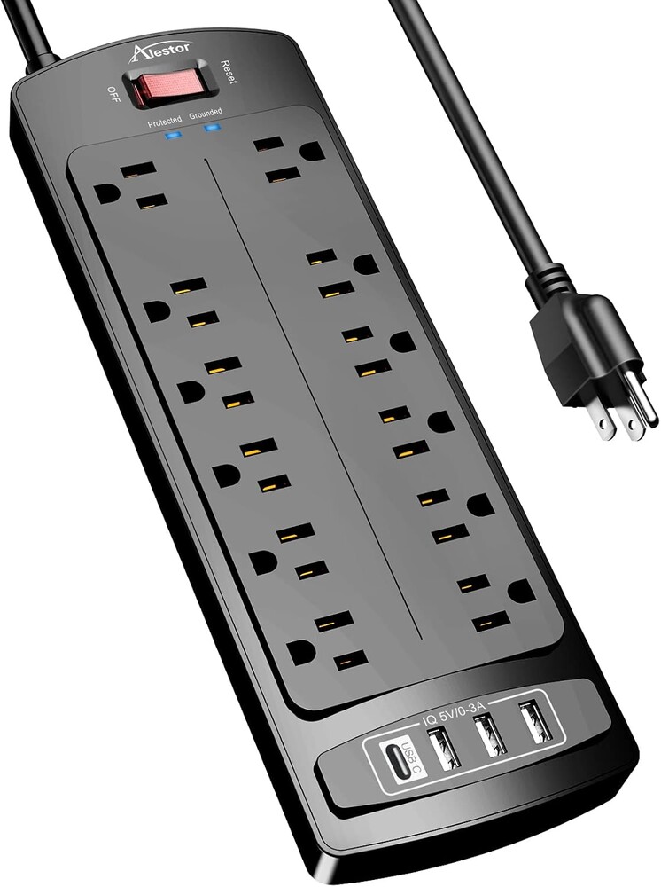 Power Strip, ALESTOR Surge Protector with 12 Outlets and 4 USB Ports, 6 Feet Extension Cord (1875W/15A), 2700 Joules, ETL Lis