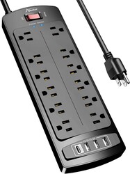 Power Strip, ALESTOR Surge Protector with 12 Outlets and 4 USB Ports, 6 Feet Extension Cord (1875W/15A), 2700 Joules, ETL Lis