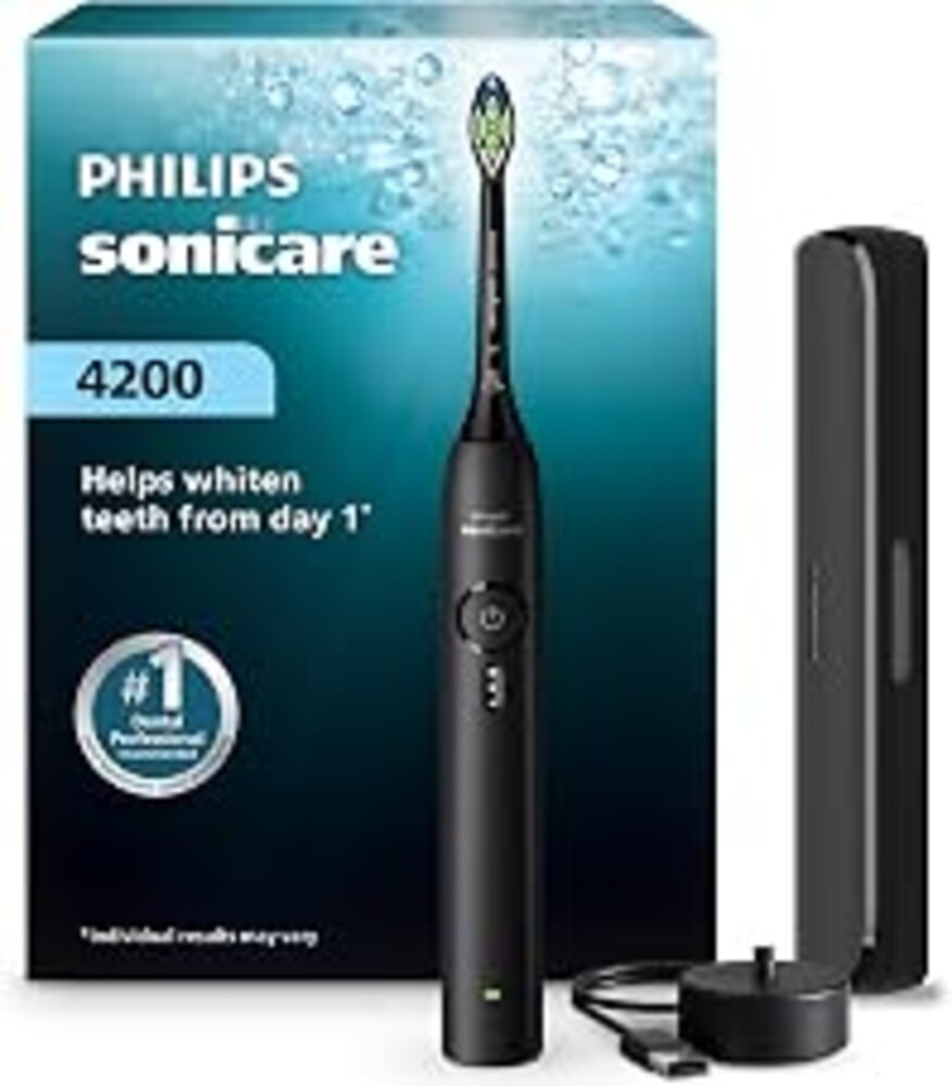 Philips Sonicare 4200 Rechargeable Electric Toothbrush, 1 Brush Head, Black | Built-in Pressure Sensor, 3 Brush Settings, 14-Day Battery, Includes Travel Case, Wall Adaptor Not Included, HX4053/62