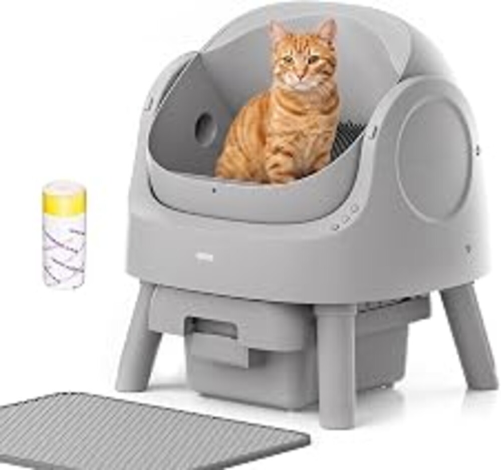 Mimfam Automatic Self Cleaning Litter Box, with 4 Pairs Infrared Senor, Open-Top Design for Multi-Cat Homes, Comes with Liner Bags and Cat Litter Mat, Grey