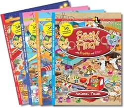 Seek & Find with Freddy & Ellie 4-Book Set – Hidden Object, Sticker & Activity Books for Kids Ages 3–7 – Includes Animal Town, Around the World, Vacation Fun & Transports