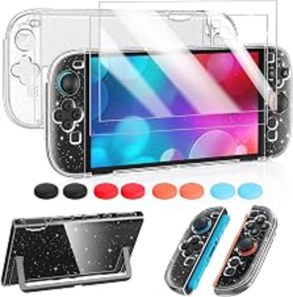 FYOUNG Protective Case for Nintendo Switch 2, Slim Hard Shell Accessories | Switch 2 Accessories Cover, Scratch&Shock Protection with Screen Protector, 8 Thumb Grip (Transparent Glitter)