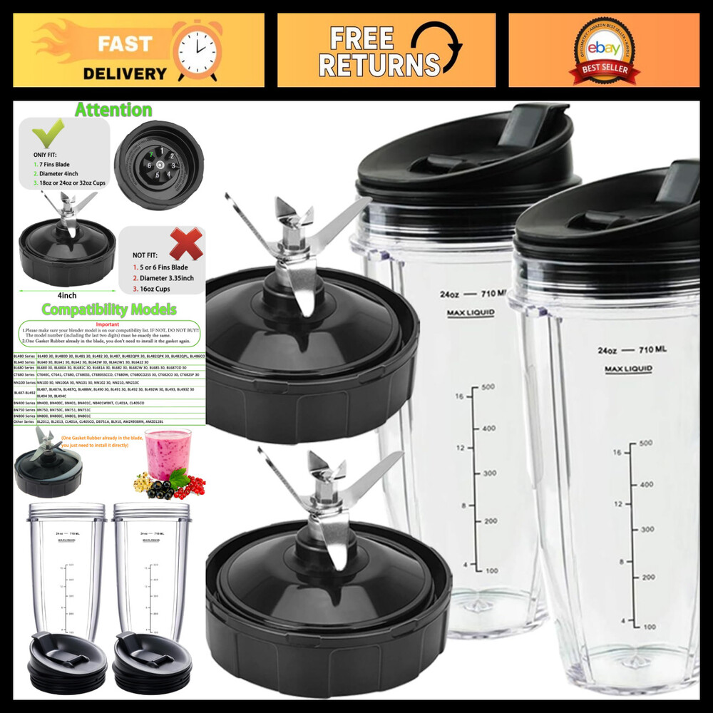 24oz Ninja Blender Cups & To-Go Lids, 7 Fins Extractor Blade, Compatible Parts