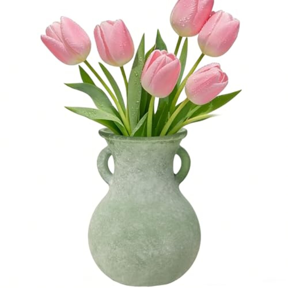 Green Glass Vase with Handles, 7.5 Inch