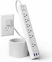 10Ft Flat Extension Cord with Multiple Outlets, Surge Protector Power Strip | SUPERDANNY Flat Plug Power Strip with 6 Outlets & 3 USB, Charging Station for Home, Office, College Dorm Room Essentials
