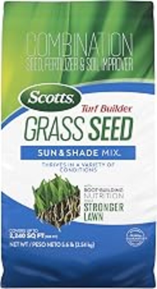 Scotts Turf Builder Grass Seed Sun & Shade Mix, 5.6 lbs. | Grass Seed Plus Lawn Fertilizer and Soil Improver, Thrives in Many Conditions, Covers Up To 2,240 sq. ft.