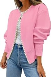 ZESICA Women's Pearls Trim Open Front Cardigan Sweater | 2026 Fall Fashion Casual Knitted Long Sleeve Outerwear Coat Trendy Clothes