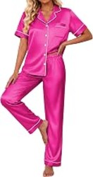 Ekouaer Silk Pajamas for Women Sets 2 Piece Button Down Satin Pjs | Soft Satin Pajamas,Button Up Sleepwear,Short Sleeve, Chest Pocket, Classic Lounge Set,Loungewear for Wedding, Party, Home