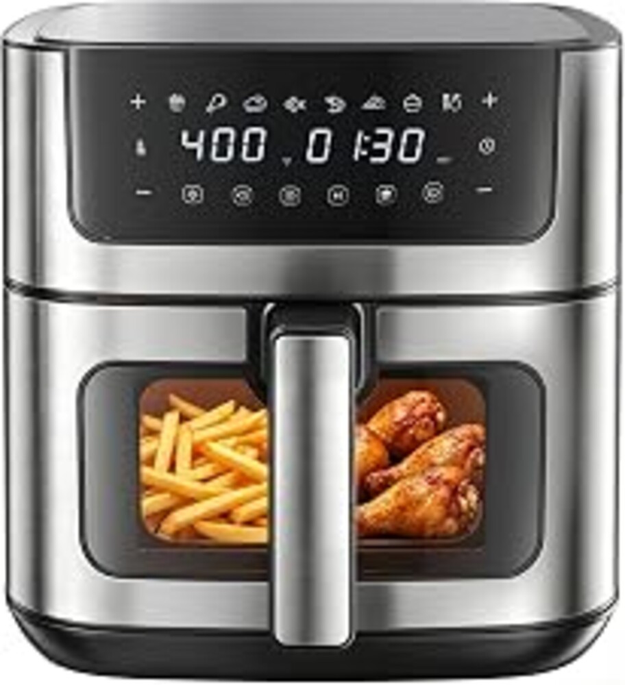 DUMOS Air Fryer 6.34 Quarts, 8-in-1 Airfryer with Presets & Viewing Window | Digital Touchscreen, 400°F Rapid Air Circulation, 1-90 Min Timer, Stainless Steel, Nonstick Dishwasher-Safe Basket, Black