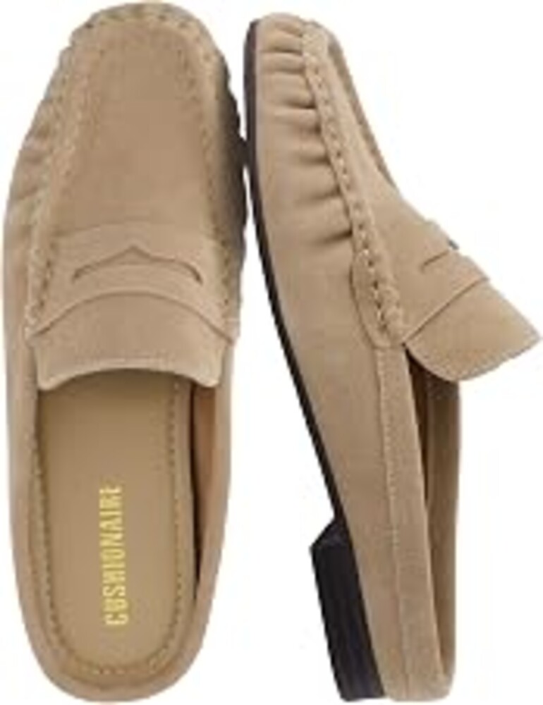 CUSHIONAIRE Heritage Genuine Leather Suede Loafer Mules for Women | 100% Genuine Suede Upper, Cushioned Footbed, Backless Flat Mule with Moc-Toe Stitching Detail, Casual Penny Loafer Slides