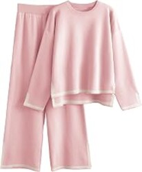 Tanming Womens 2 Piece Outfit Sweater Lounge Sets Tracksuits | Two Piece Matching Sets, Long Sleeve Knit Top, Wide Leg Flowy Pant, Fall Winter Clothes, Travel Airport Vacation Outfits