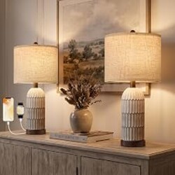 OYEARS 22" Bedside Table Lamps Set of 2, Farmhouse Lamp with USB,Dark Brown | Vintage Nightstand Lamp for Bedroom, Retro Design, Home decor for living Room, Nursery, Home Office, End Side table, Hallway
