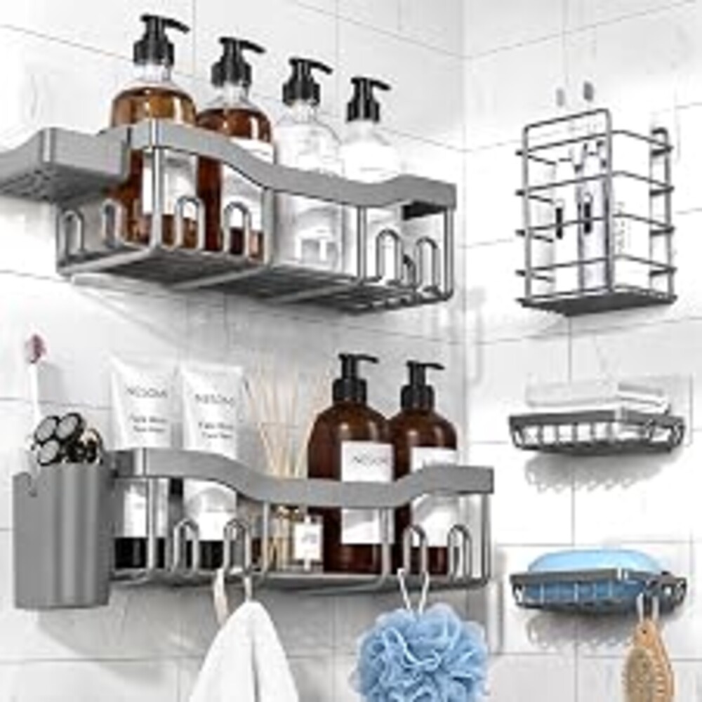 NESOMI Shower Caddy Adhesive Shower Organizer 7-Pack, Rustproof Stainless Steel Bathroom Shelves, Large Capacity No-Drill Rack Storage Accessories with Soap Dish Toothbrush Holder Hooks