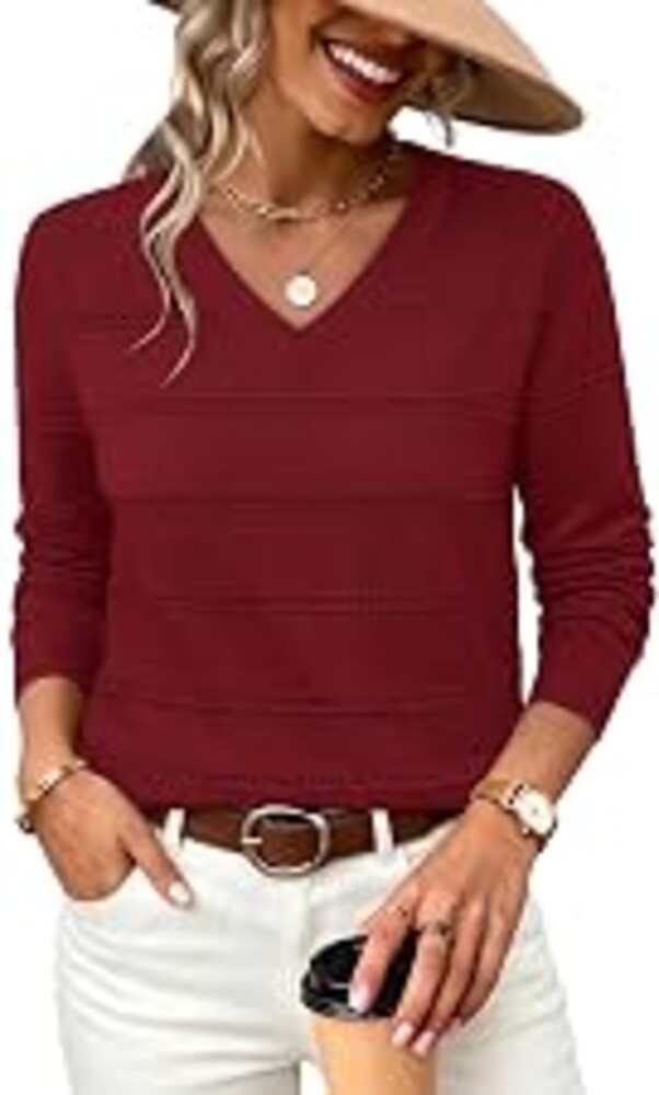 WIHOLL Sweaters for Women V Neck Long Sleeve Shirts Fall Outfits | Business Casual Outfits,Fall Tops,Work,Teacher Outfits,Lightweight Knit,Fashion Clothing 2026,Hollow Out,Trendy Pullover